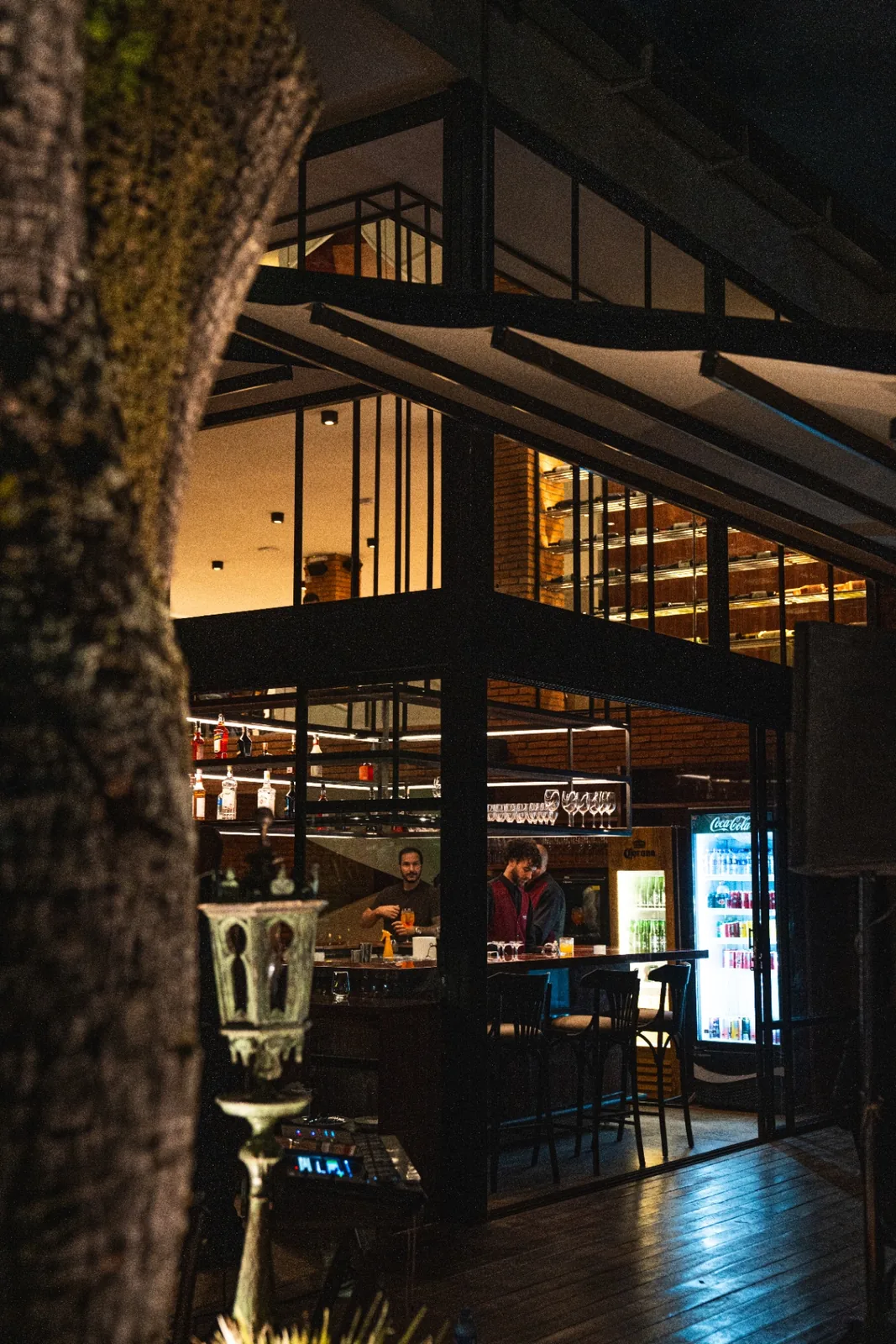 Fachada da casa vista entre árvores, adega iluminada e bar em operação.